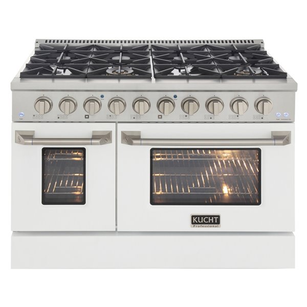 Cuisinière au gaz naturel avec 8 brûleurs et four à convection, blanche et acier inoxydable, 48 po