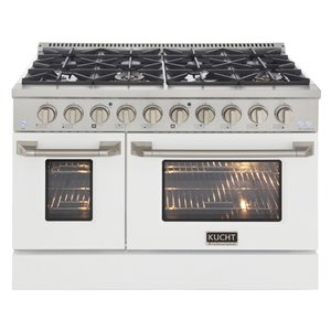 Cuisinière au gaz naturel avec 8 brûleurs et four à convection, blanche et acier inoxydable, 48 po