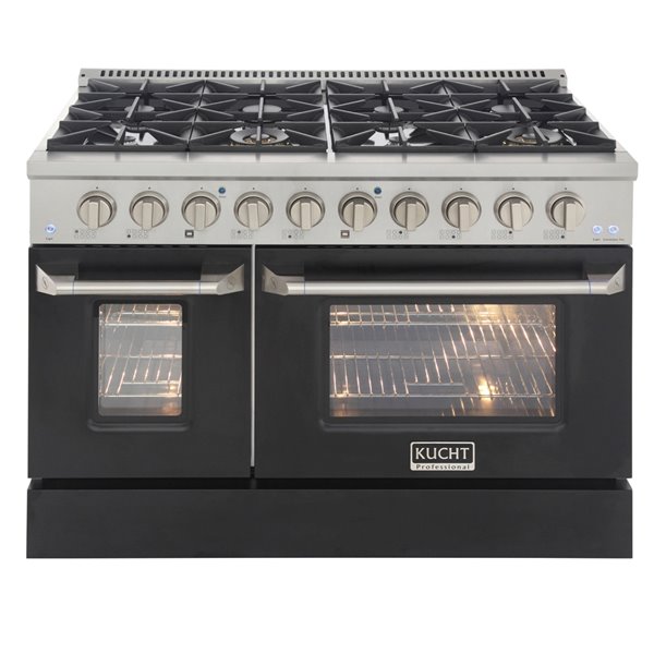 Cuisinière au gaz naturel avec 8 brûleurs et four à convection, noire et acier inoxydable, 48 po