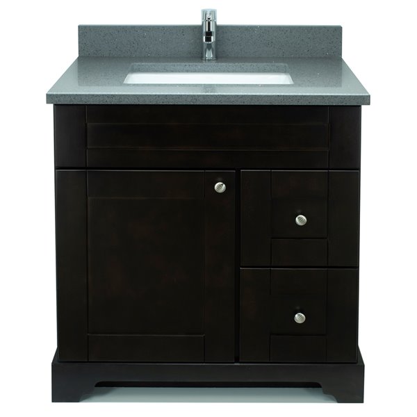 Lukx® Bold Damian Vanity With Quartz countertop - Right Side Drawer - 30-in - Espresso