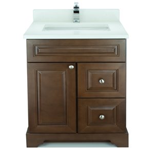 Vanitée avec comptoir en Quartz blanc satiné Bold Damian de Lukx®, tiroir à droite, 30 po, bois royal