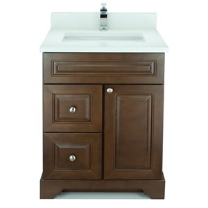 Vanitée avec comptoir en Quartz blanc satiné Bold Damian de Lukx®, tiroir à gauche, 24 po, bois royal
