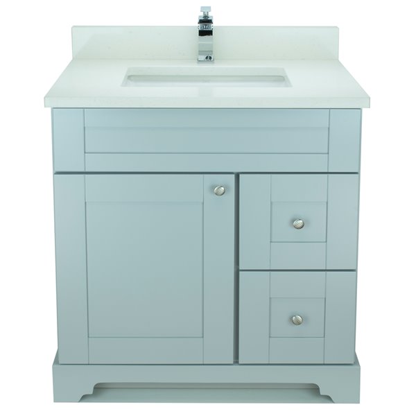Lukx® Bold Damian Vanity With Silk White Quartz countertop - Right Side Drawer - 30-in - Grey