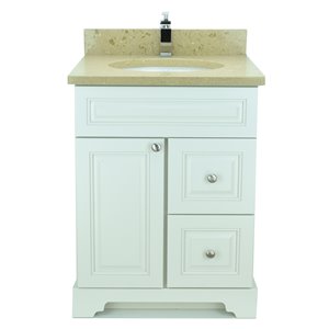 Vanitée avec comptoir en Quartz Bold Damian de Lukx®, tiroir à droite, 24 po, blanc antique