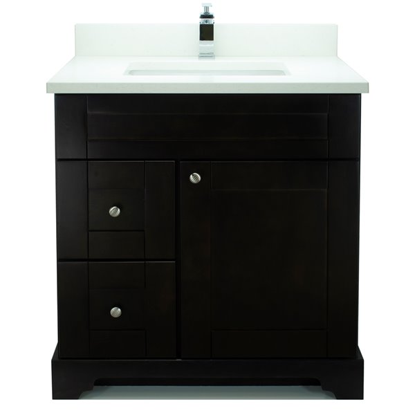 Lukx Bold Damian Vanity With Silk White Quartz Countertop Left Side Drawer 30 In Espresso Bvesw 030l Rona