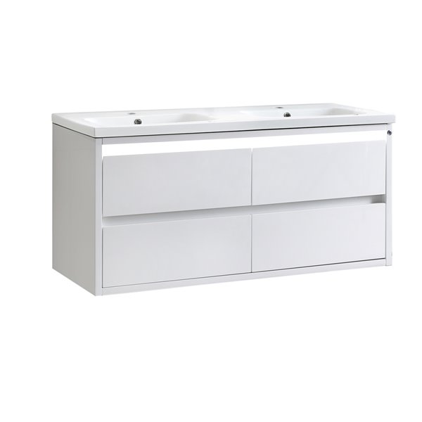 Meuble-lavabo double blanc lustré Modo Alex par LUKX de 48 po avec comptoir en céramique