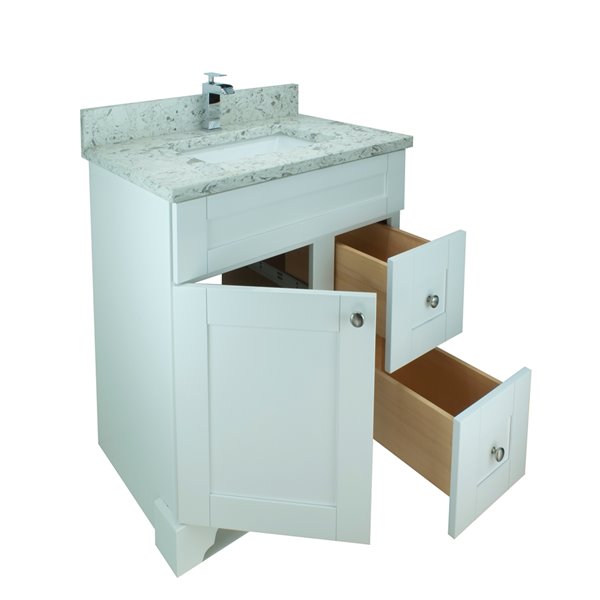 Meuble-lavabo simple blanc autoportant Bold Damian par LUKX de 24 po avec comptoir en quartz blanc voie lactée