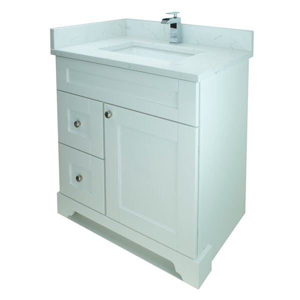 Lukx Bold Damian 24-in White Single Sink Bathroom Vanity with Carrera White Quartz Top