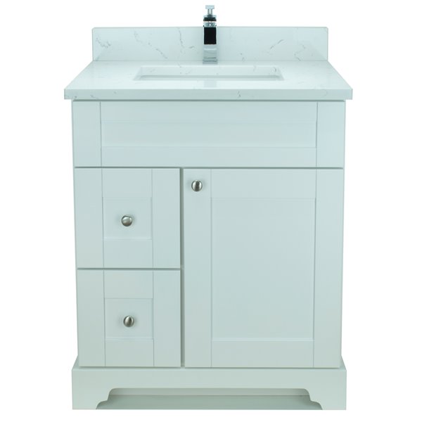 Meuble-lavabo simple blanc de 24 po Bold Damian par Lukx avec comptoir blanc de Carrare en quartz