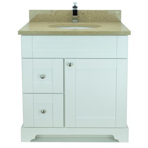 Lukx Bold Damian 30-in White Single Sink Bathroom Vanity with Royal Brown Quartz Top