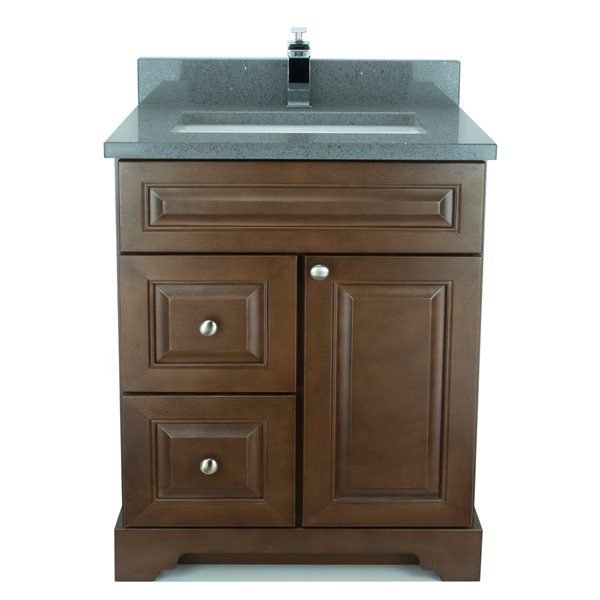 Lukx® Bold Damian Vanity With Quartz countertop - Left Side Drawer - 30-in - Royalwood