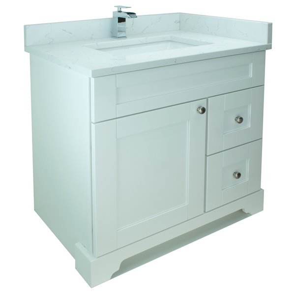 Lukx Bold Damian White 36-in Single Sink Bathroom Vanity with Carrera White Quartz Top