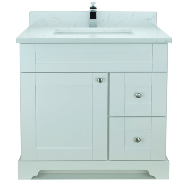 Meuble-lavabo simple de 36 po blanc Bold Damian par Lukx avec comptoir blanc de Carrare en quartz