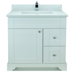 Meuble-lavabo simple de 36 po blanc Bold Damian par Lukx avec comptoir blanc de Carrare en quartz