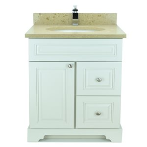 Meuble-lavabo simple blanc antique Bold Damian par LUKX de 30 po avec comptoir en quartz brun royal