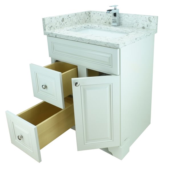 Meuble-lavabo simple blanc antique Bold Damian par LUKX de 24 po avec comptoir de quartz blanc voie lactée