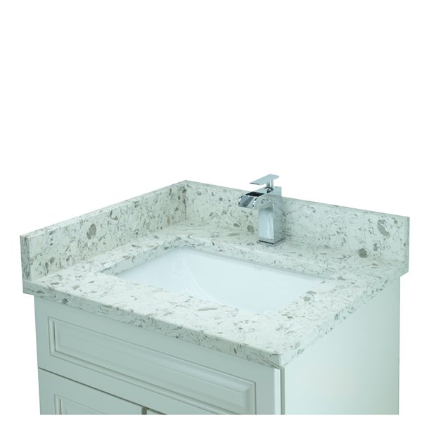 Meuble-lavabo simple blanc antique Bold Damian par LUKX de 24 po avec comptoir de quartz blanc voie lactée