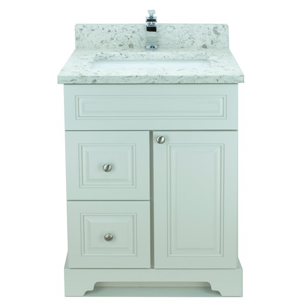 Meuble-lavabo simple blanc antique Bold Damian par LUKX de 24 po avec comptoir de quartz blanc voie lactée