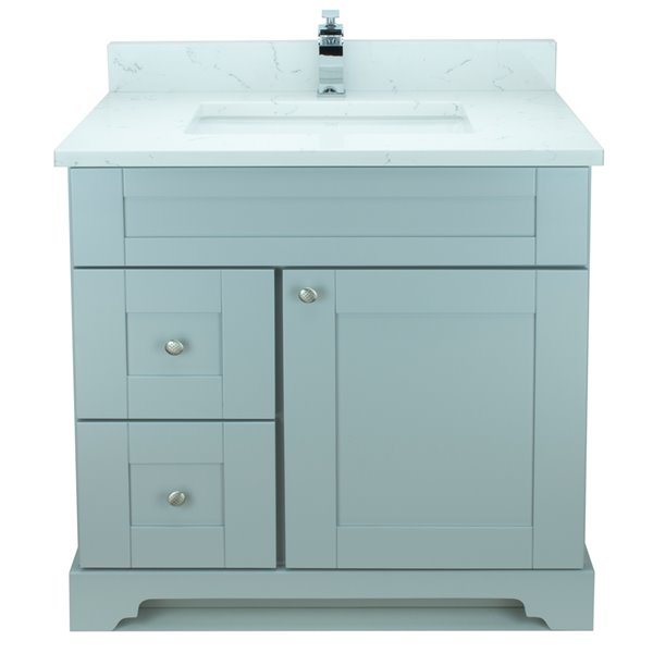 Meuble-lavabo simple gris de 36 po Bold Damian par LUKX avec comptoir en quartz blanc de Carrare