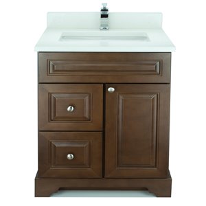 Vanitée avec comptoir en Quartz blanc satiné Bold Damian de Lukx®, tiroir à gauche, 30 po, bois royal