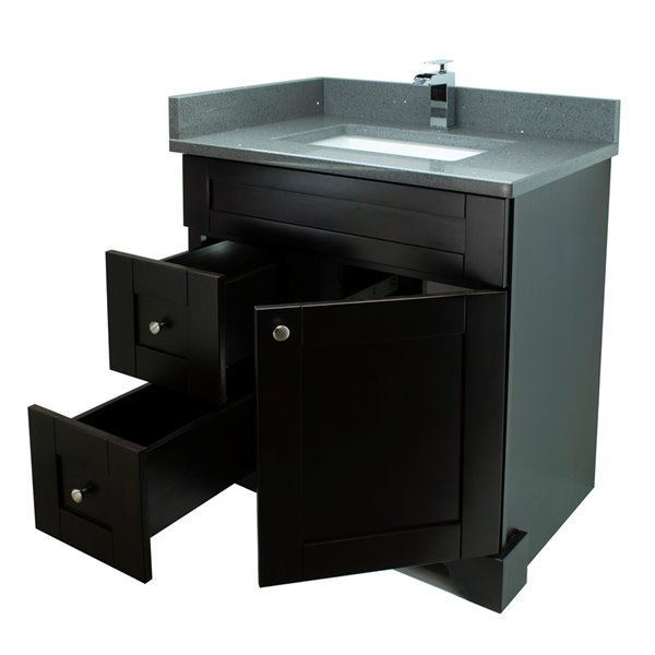 Meuble-lavabo simple espresso de 30 po Bold Damian par LUKX avec comptoir en quartz gris cristal