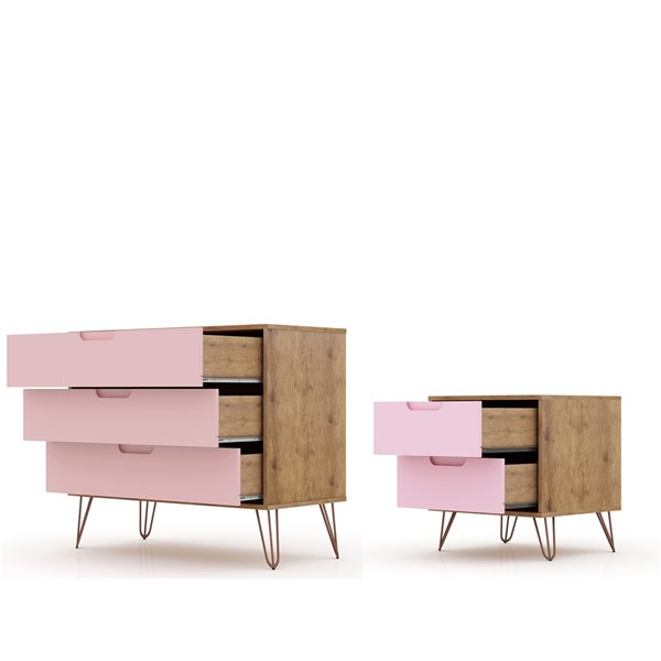 Manhattan Comfort Rockefeller Dresser and Nightstand Set - 28.86-in - Natural Brown and Pink