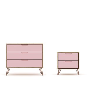 Manhattan Comfort Rockefeller Dresser and Nightstand Set - 28.86-in - Natural Brown and Pink