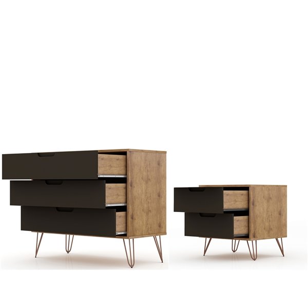 Manhattan Comfort Rockefeller Dresser and Nightstand Set 28.86in Natural Brown and Grey