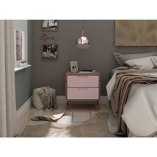 Manhattan Comfort Rockefeller 2.0 Nightstand - 21.65-in - Natural Brown and Pink