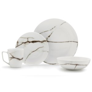 Ensemble de vaisselle en porcelaine de Safdie & Co., blanc marbré, 16 pièces