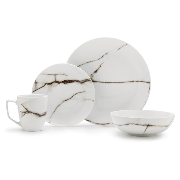 Ensemble de vaisselle en porcelaine de Safdie & Co., marbre blanc, 16 pièces