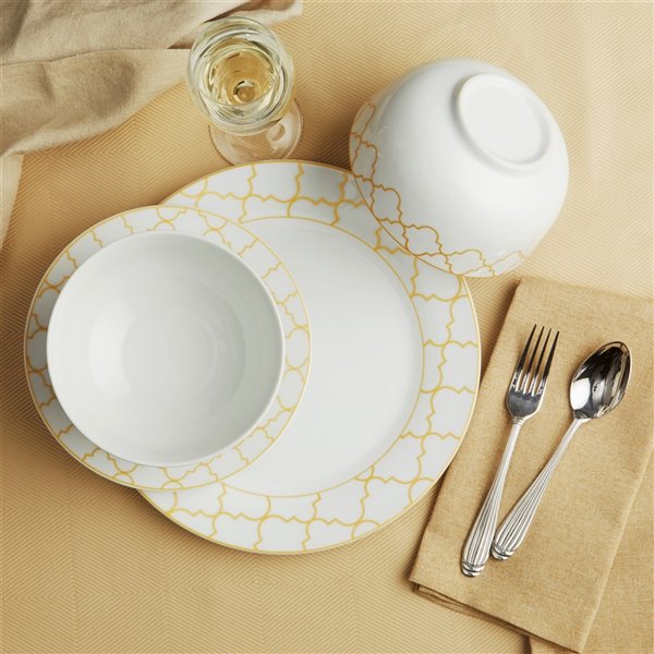 Ensemble de vaisselle en porcelaine de Safdie & Co., jacquard doré, 12 pièces