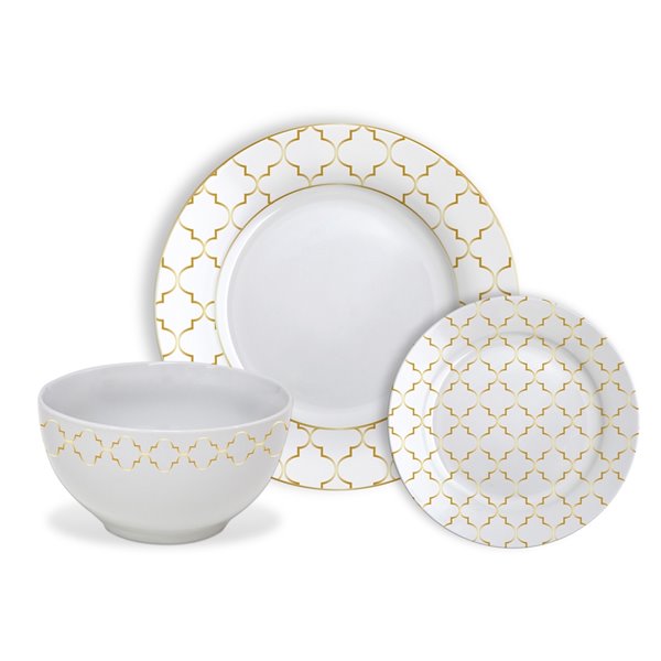 Ensemble de vaisselle en porcelaine de Safdie & Co., jacquard doré, 12 pièces
