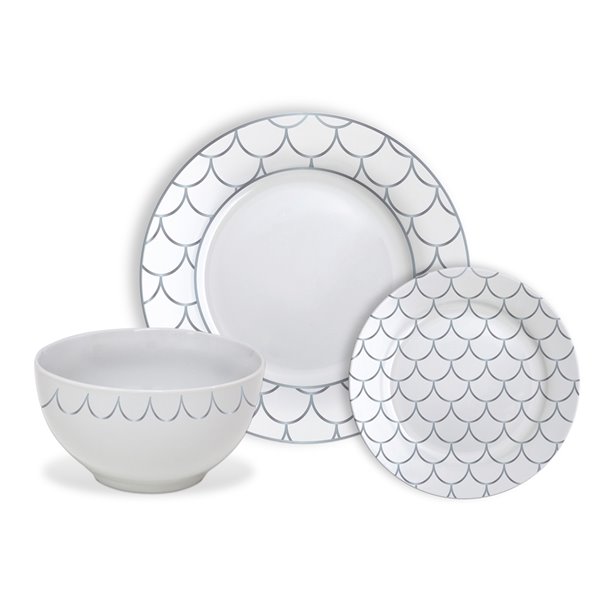 Ensemble de vaisselle en porcelaine de Safdie & Co., écaille argenté, 12 pièces