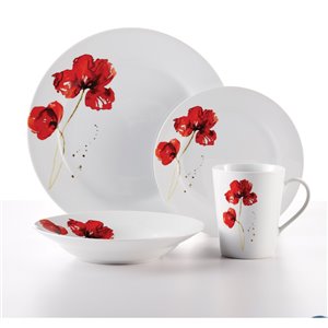 Safdie & Co. Ruby Poppi Round Dinnerware Set - Porcelain - White and Red - 16 -Piece