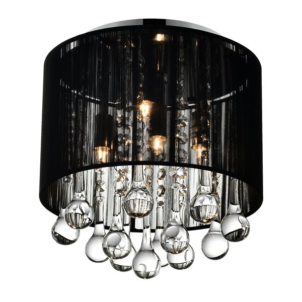 CWI Lighting Water Drop 10-in dia Chrome/Crystal Modern 4-Light Flush-Mount Light w/ Black Drum Shade