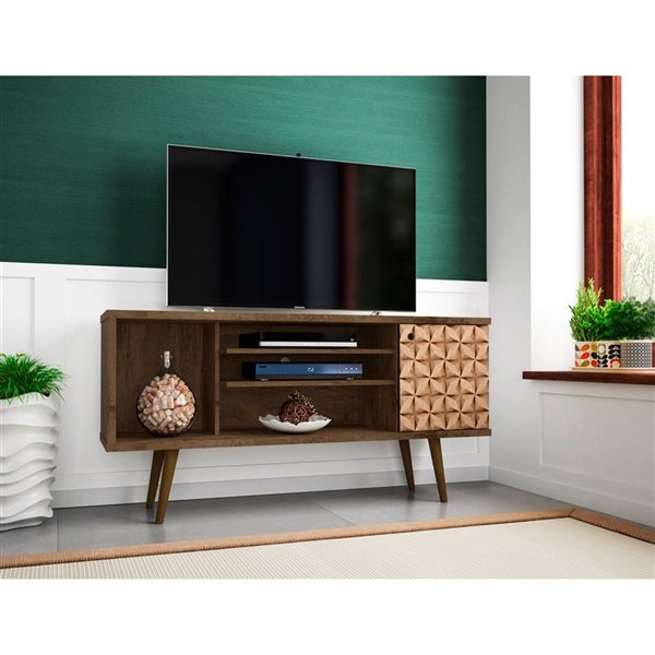 Manhattan Comfort Liberty TV Stand with 5 Shelves and 1 Door - 53.14-in x 26.57-in - Rustic Brown/3D Brown Prints