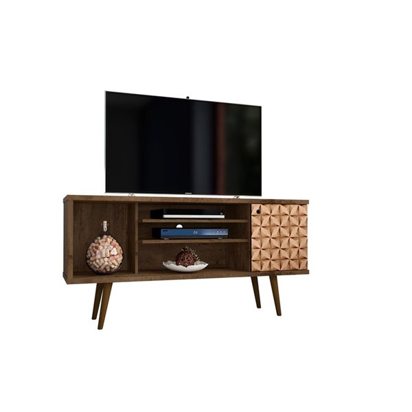 Manhattan Comfort Liberty TV Stand with 5 Shelves and 1 Door - 53.14-in x 26.57-in - Rustic Brown/3D Brown Prints