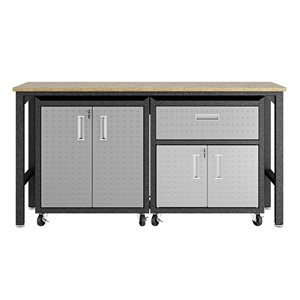 Manhattan Comfort Fortress 3-Piece Mobile Garage Cabinet and Worktable 2.0 - 72.4-in x 37.6-in - Grey