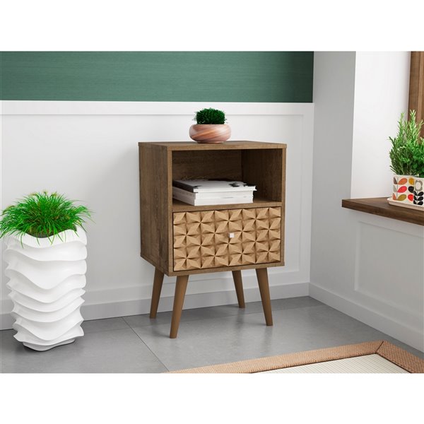 Manhattan Comfort Liberty Nightstand 1.0 with Cubby - 17.72-in x 27.09-in - Rustic Brown/3D Brown Prints