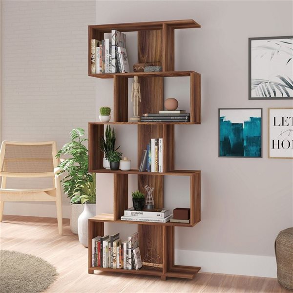 Manhattan Comfort Petrolina Z-Shelf with 5 Shelves - 30.91-in x 72.44-in - Nut Brown