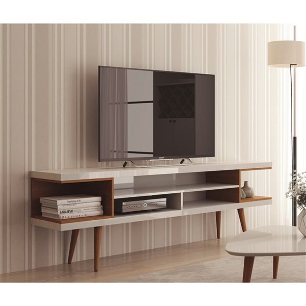 Manhattan Comfort Utopia TV Stand with Splayed Legs and Shelves - 70.47-in x 24.01-in - Gloss White/Maple Cream