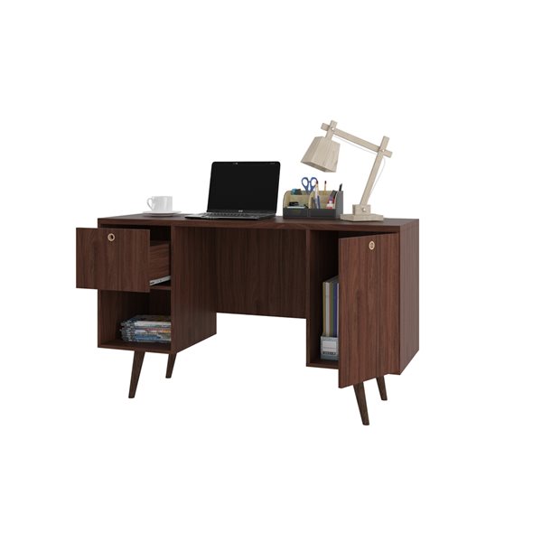 Manhattan Comfort Edgar 1-Drawer Mid-Century Office Desk - 53.14-in x 30.9-in - Dark Brown