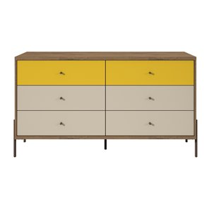 Manhattan Comfort Joy Double Dresser with 6 Drawers - 59.06-in x 32.48-in - Yellow/Off White/Oak