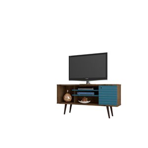 Manhattan Comfort Liberty TV Stand with 5 Shelves and 1 Door - 53.14-in x 26.57-in - Rustic Brown/Aqua Blue