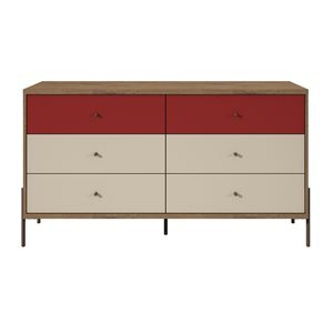 Manhattan Comfort Joy Double Dresser with 6 Drawers - 59.06-in x 32.48-in - Red/Off White/Oak