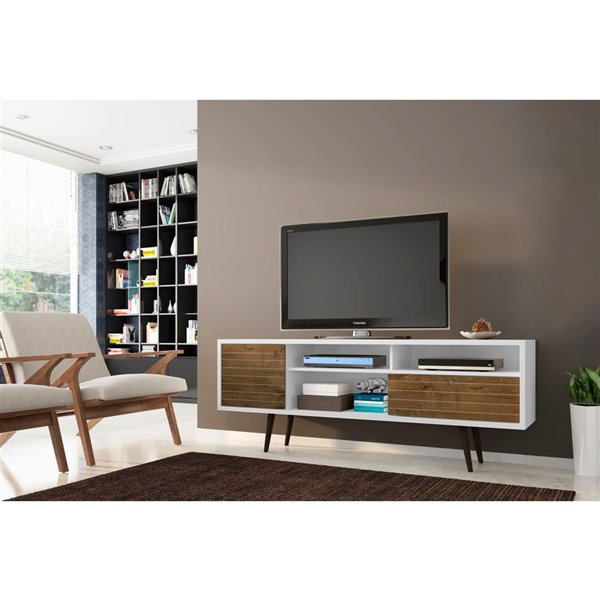 Manhattan Comfort Liberty Tv Stand With Shelves And Drawer 70 86 In X 26 57 In Rustic Brown With White 202amc96 Rona