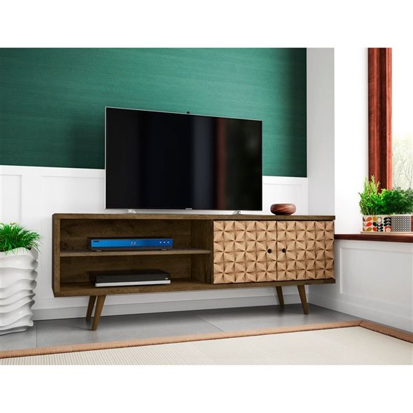 Manhattan Comfort Liberty TV Stand with 3 Shelves and 2 Doors - 62.99-in x 25.59-in - Rustic Brown/3D Prints