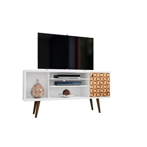 Manhattan Comfort Liberty TV Stand with 5 Shelves and 1 Door - 53.14-in x 26.57-in - White/3D Brown Prints