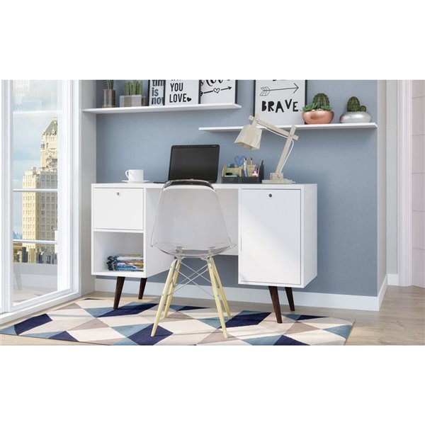 Manhattan Comfort Edgar 1-Drawer Mid-Century Office Desk - 53.14-in x 30.9-in - White